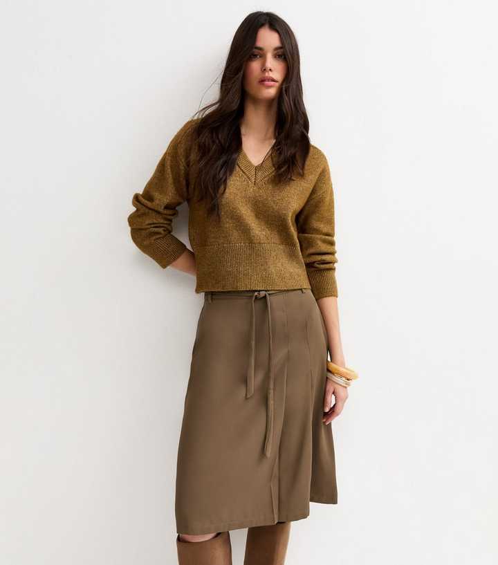 Khaki Tailored Wrap Midi Skirt