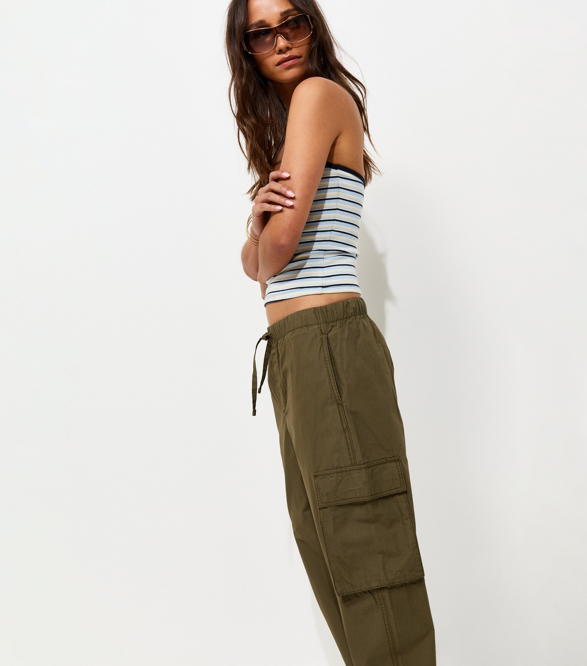 Women's Dark Khaki Barrel Leg Utility Cargo Trousers New Look