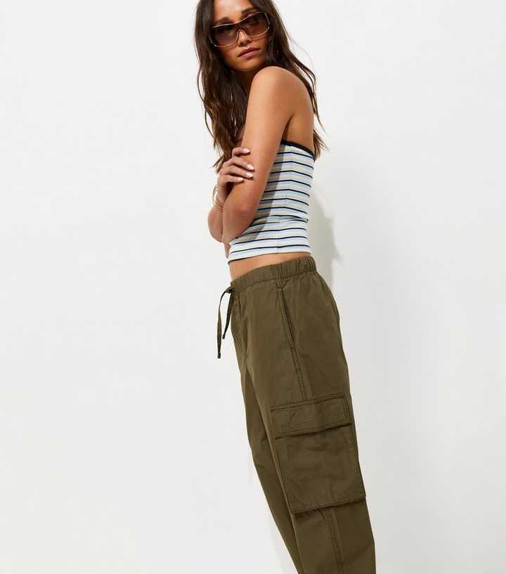 Dark Khaki Barrel Leg Utility Cargo Trousers