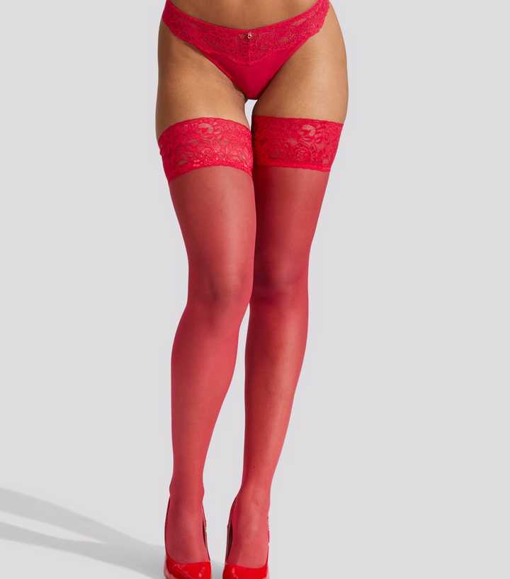 Ann Summers Red Lace Top Glossy Hold Up Tights