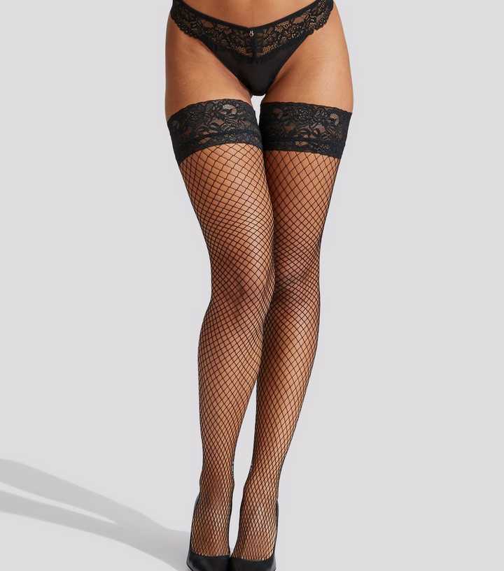 Ann Summers Black Lace Top Fishnet Hold Up Tights