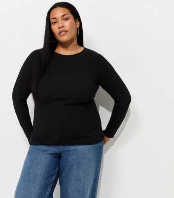 Curves Black Lightweight Ribbed Knit Crew Neck Jumper
