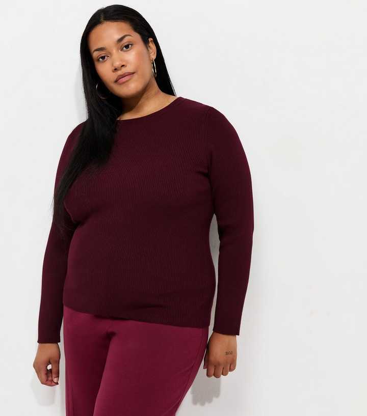 Curves Dark Burgundy Lightweight Ribbed Knit Crew Neck Jumper