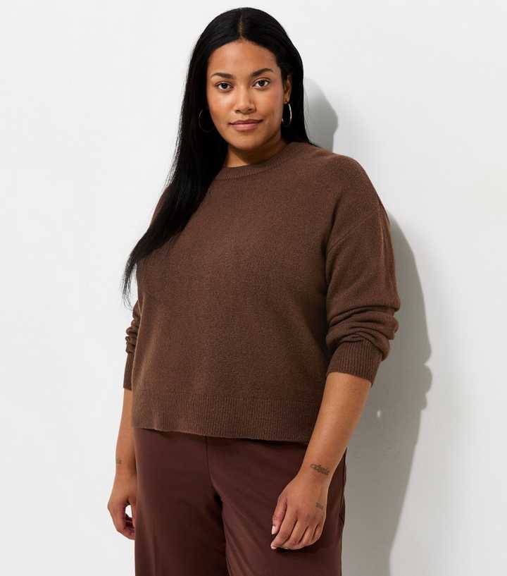 Curves Brown Midweight Knit Crew Neck Jumper