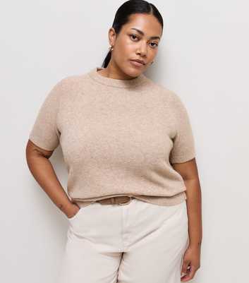Curves Light Mink Brushed Knit Set In Sleeve T-Shirt