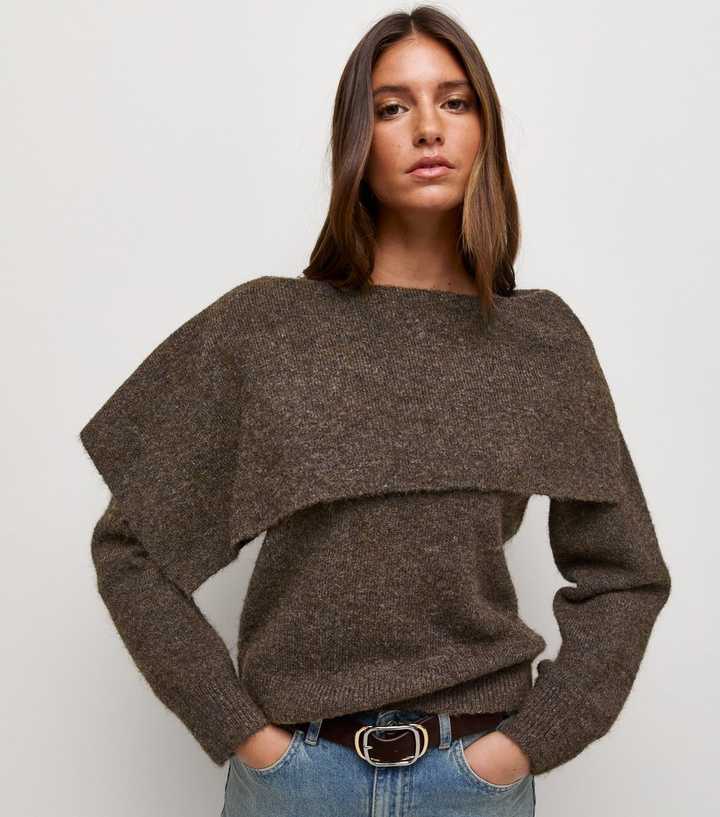 Dark Mink Asymmetric Collar Bardot Knitted Jumper