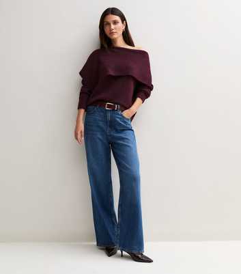 Dark Burgundy Asymmetric Collar Bardot Knitted Jumper
