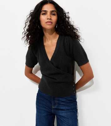 Black Wrap Front Puff Sleeve Knitted Top