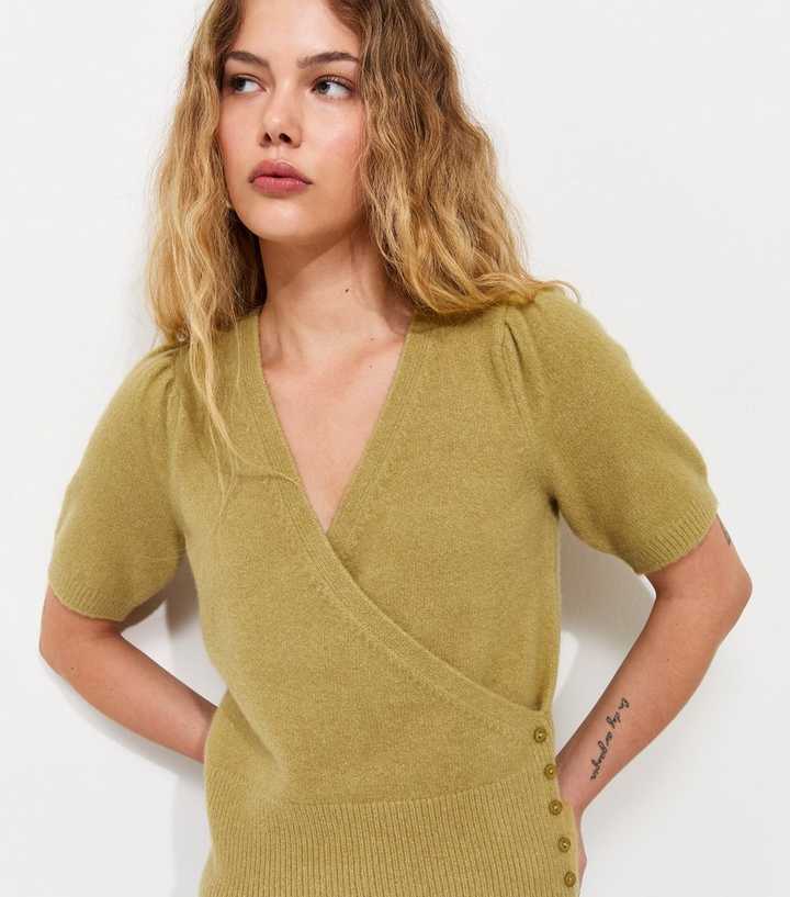 Green Wrap Front Puff Sleeve Knitted Top
