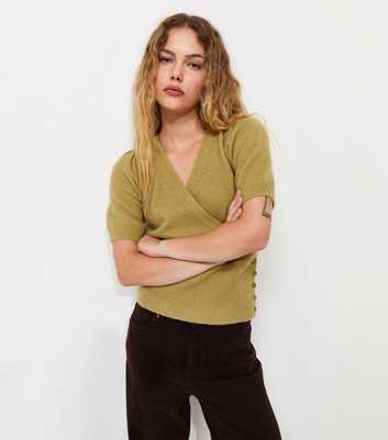 Green Wrap Front Puff Sleeve Knitted Top
