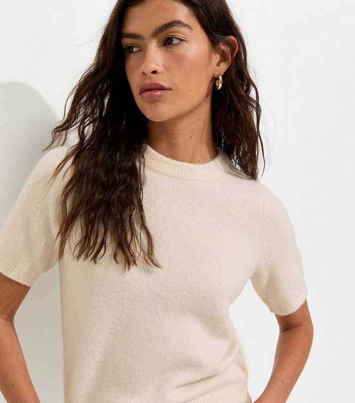 Cream Short Sleeve Midweight Knit T-Shirt