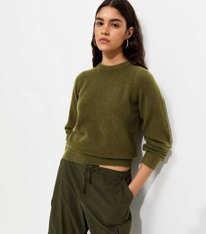 Light Khaki Knitted Crew Neck Jumper