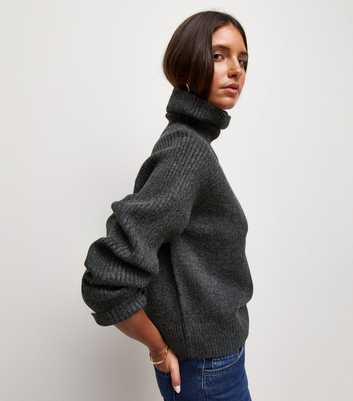 Dark Grey Ribbed Knit Raglan Sleeve Roll Neck Jumper