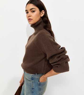 Brown Ribbed Knit Raglan Sleeve Roll Neck Jumper