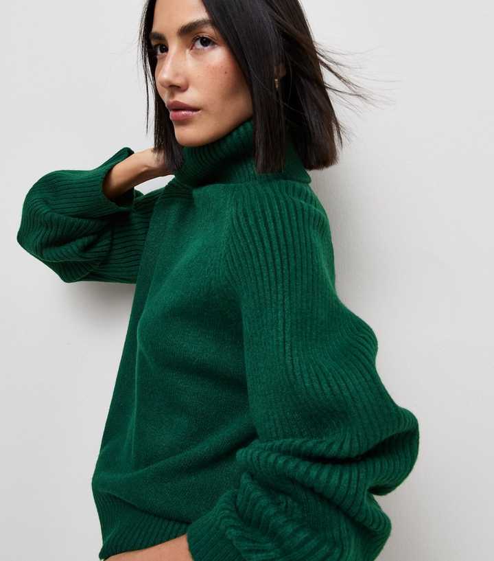 Dark Green Ribbed Knit Raglan Sleeve Roll Neck Jumper
