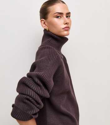 Dark Purple Ribbed Knit Raglan Sleeve Roll Neck Jumper