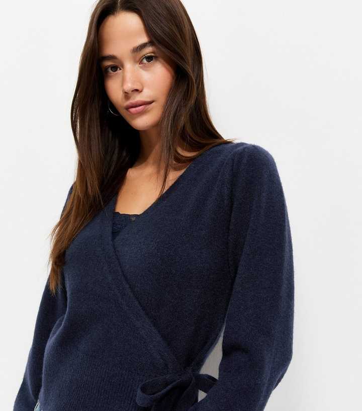 Navy Puff Sleeve Knitted Wrap Jumper