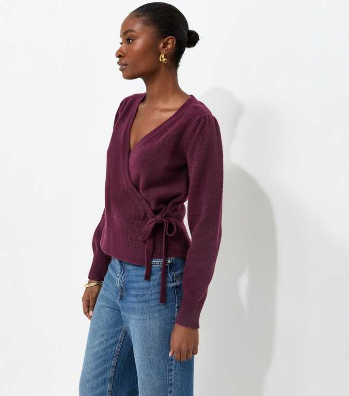 Dark Burgundy Puff Sleeve Knitted Wrap Jumper