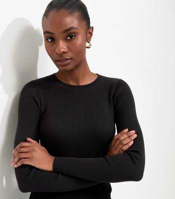 Black Ribbed Lightweight Crew Neck Jumper
