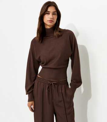 Dark Brown High Neck Batwing Sleeve Knitted Jumper