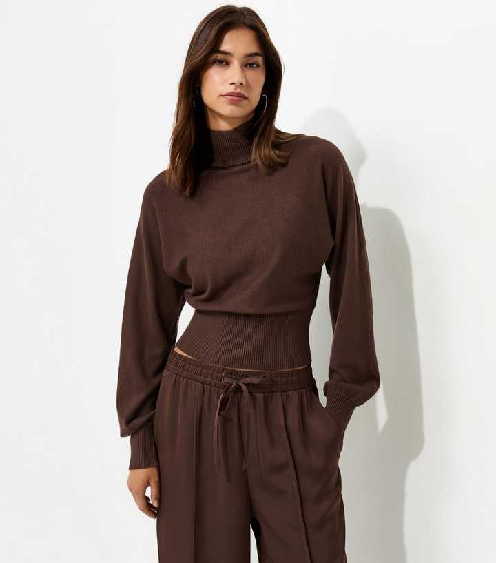 Dark Brown High Neck Batwing Sleeve Knitted Jumper