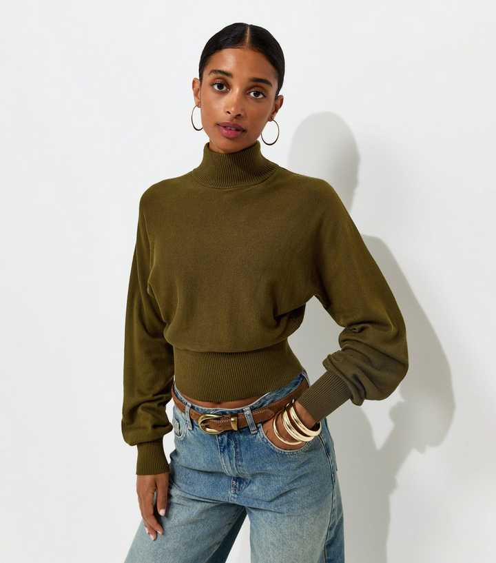 Light Khaki High Neck Batwing Sleeve Knitted Jumper