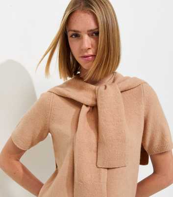 Camel Brushed Knit Scarf Detail Short Sleeve Top