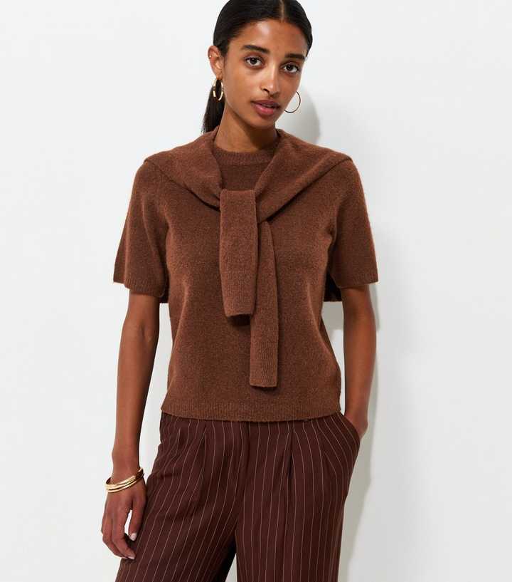 Brown Brushed Knit Scarf Detail Short Sleeve Top