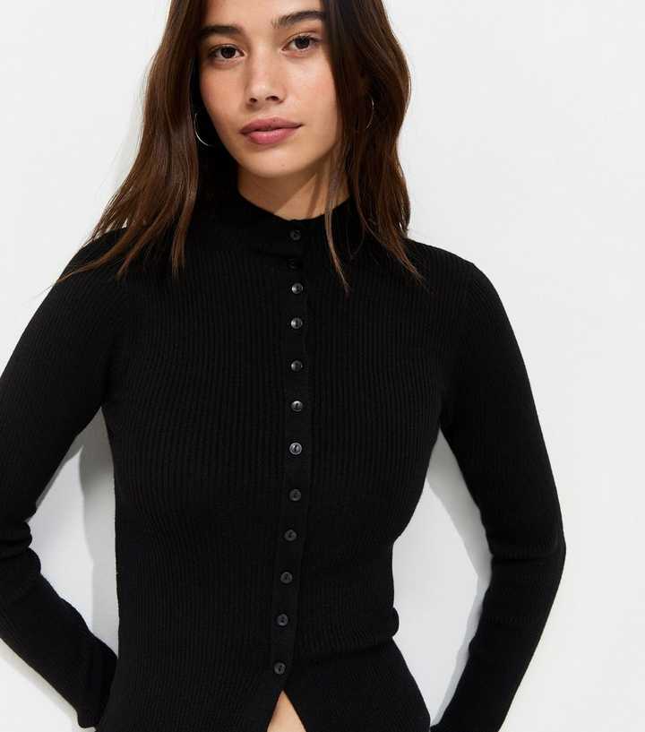 Black Ribbed Knit Button Front Split Hem Top