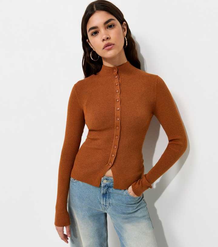 Rust Ribbed Button Front High Neck Split Hem Top