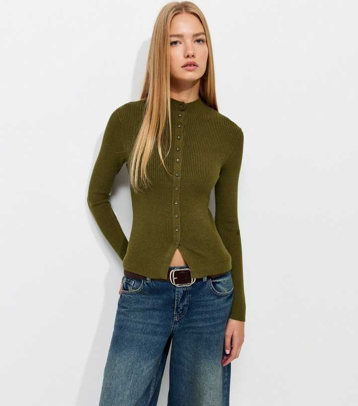 Khaki Ribbed Button Front High Neck Split Hem Top