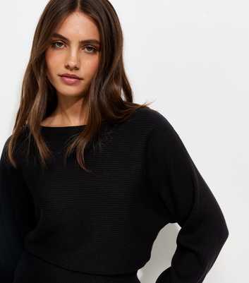 Black Lightweight Ribbed Knit Slash Neck Batwing Jumper