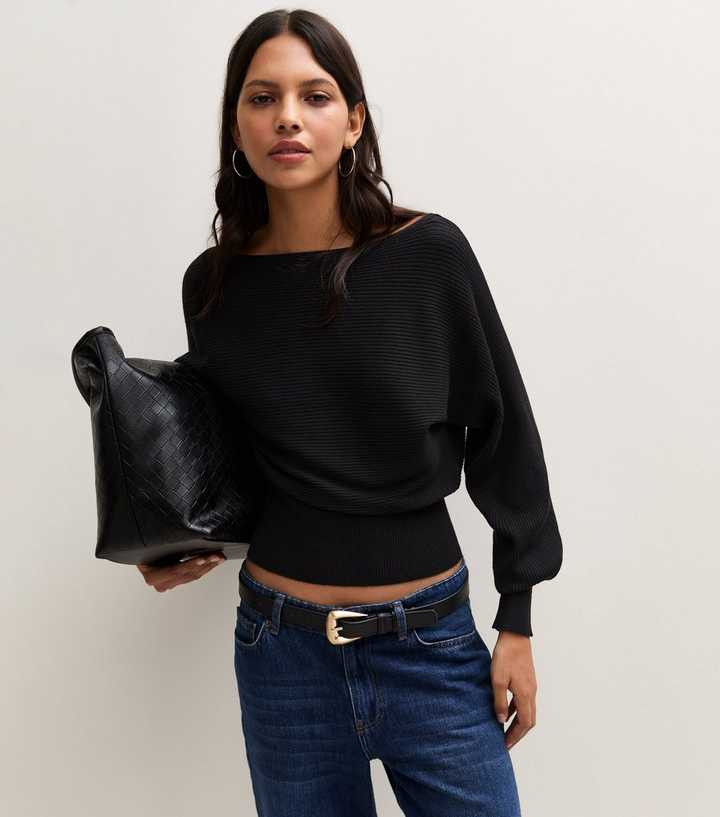 Black Lightweight Ribbed Boat Neck Batwing Sleeve Jumper