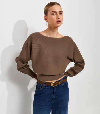 Dark Mink Lightweight Ribbed Knit Slash Neck Batwing Jumper