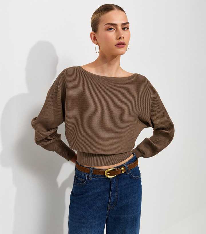 Dark Mink Lightweight Ribbed Knit Slash Neck Batwing Jumper