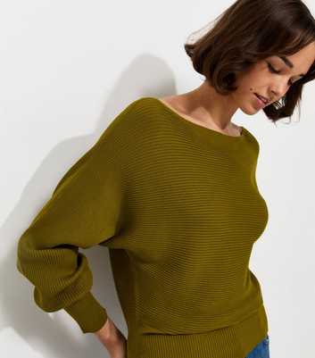 Green Lightweight Ribbed Knit Slash Neck Batwing Jumper