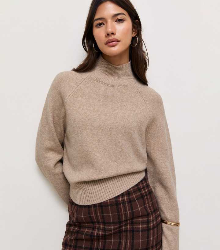 Oatmeal Stand Neck Knitted Jumper
