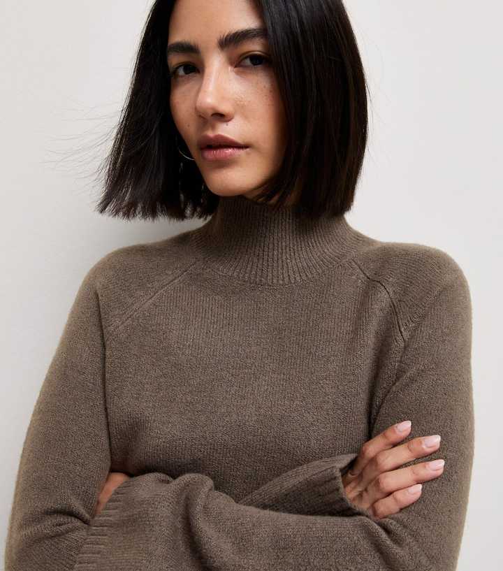 Dark Mink Stand Neck Knitted Jumper