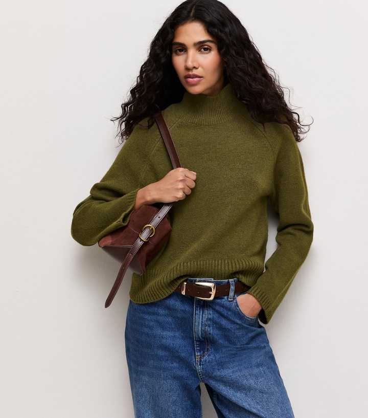 Dark Khaki Stand Neck Knitted Jumper