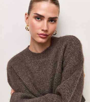 Dark Mink Crew Neck Ribbed Knit Jumper with Wool