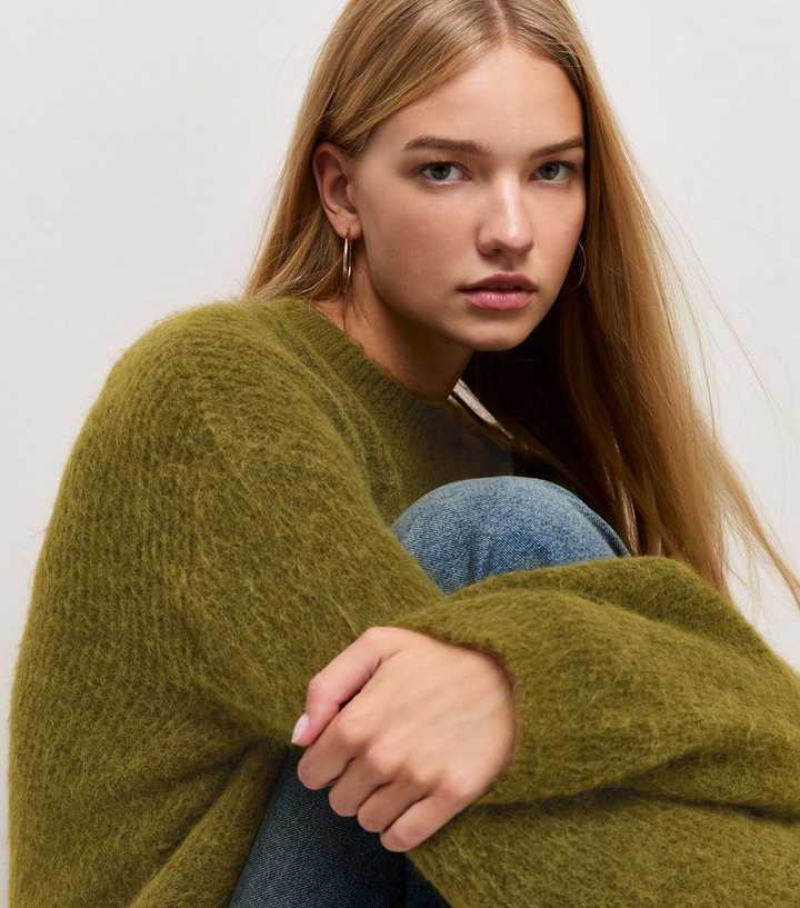 Green Crew Neck Ribbed Knit Jumper with Wool