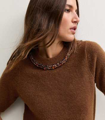 Brown Embellished Necklace Knitted Short Sleeve Top