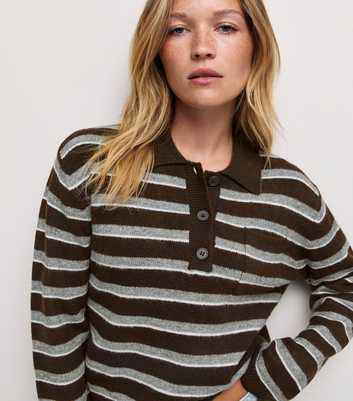 Brown Knitted Striped Patch Pocket Polo Jumper