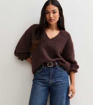 Petite Dark Brown Brushed Knit V Neck Jumper with Wool