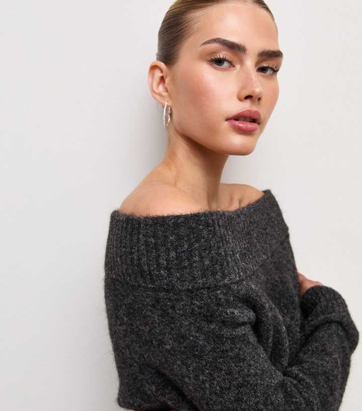 Dark Grey Knitted Bardot Top with Wool