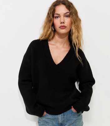 Black Compact Knit Oversized V-Neck Jumper