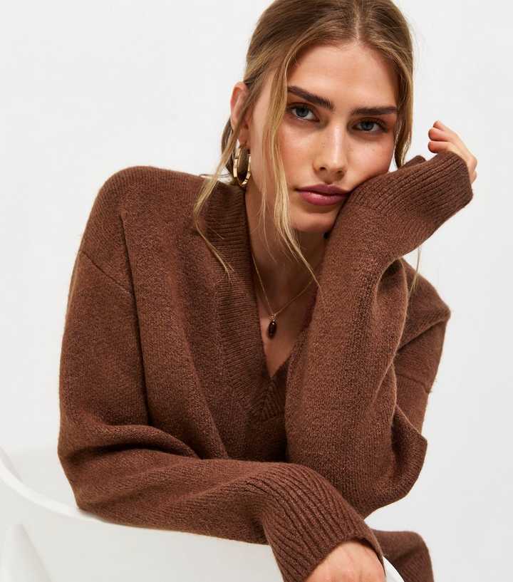 Rust Compact Knit Oversized V-Neck Jumper