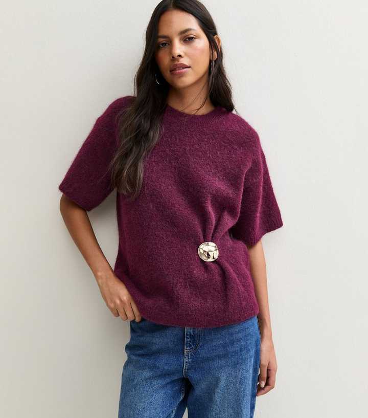 Dark Burgundy Brushed Knit Brooch Short Sleeve Jumper with Wool