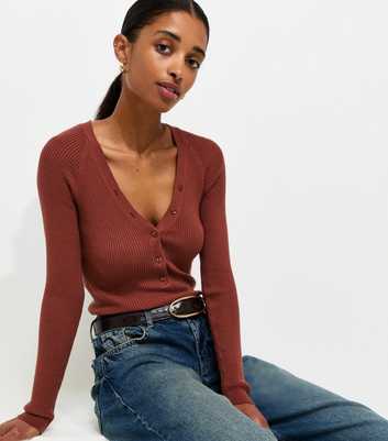 Rust Ribbed Knit Lightweight Henley Top