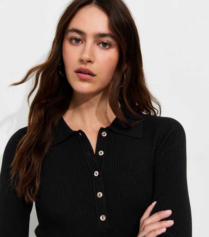 Black Lightweight Ribbed Polo Top